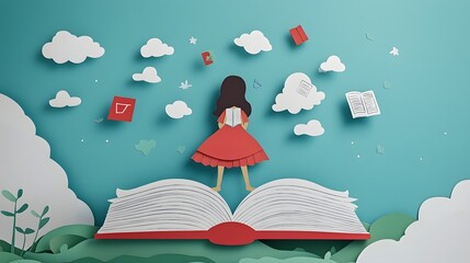 Imaginative paper cut of a young girl sitting atop a giant open book gazing upwards at a sky filled with colorful educational symbols and whimsical cloud formations