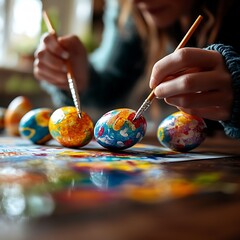 Woman paints colorful Easter eggs.