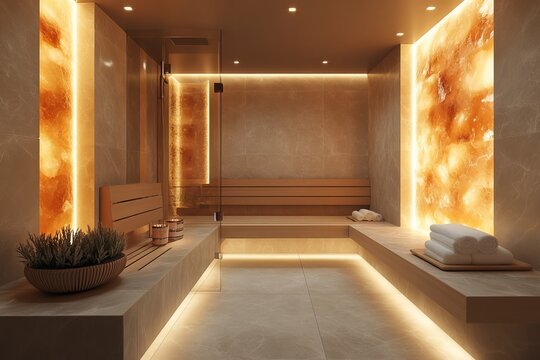 Luxurious sauna interior with himalayan salt wall and mood lighting