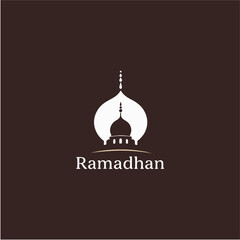 Islamic mosque and crescent moon with lanterns. Eid Mubarak logo. vector illustration