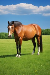Fototapeta premium there is a brown horse standing in a field of grass
