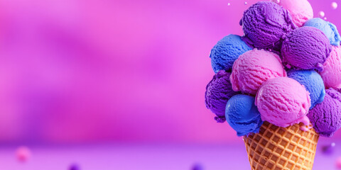 Overflowing waffle cone filled with mini ice cream in high fidelity resolution.
