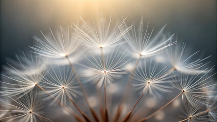 Naklejka premium Delicate dandelion seeds drifting in soft light, creating serene atmosphere