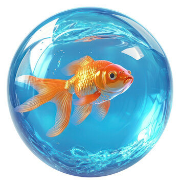 PNG Goldfish swimming inside a bubble sphere water blue.