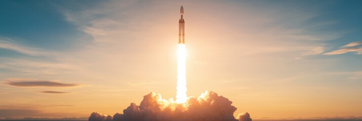 Dynamic rocket launch illustrating power, thrust, and aerodynamic forces at sunset