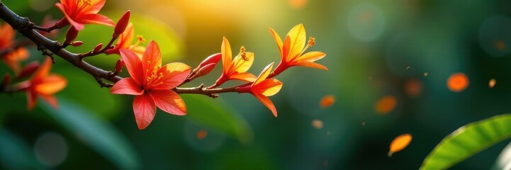 Fototapeta premium Tropical flower and leafy branches in golden hues, branch, tropical, festive