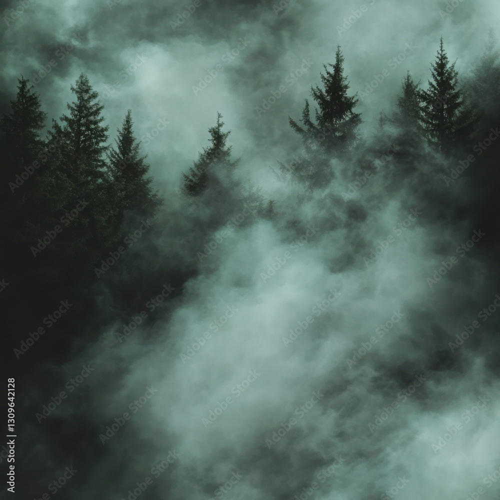 Wall mural misty forest with tall evergreen trees shrouded in dense fog, creating a mysterious and ethereal atm