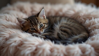 Obraz premium Tabby kitten with striking blue eyes nestled comfortably on a plush pink blanket