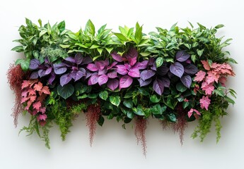 Vibrant Vertical Garden Display with Rich Green Foliage, Purple Leaves, and Pink Accents Creating a Lush Indoor Environment for Home or Office Decor