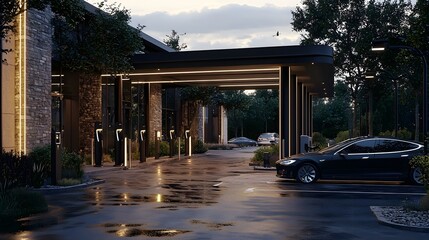 Luxurious hotel entrance featuring dedicated electric vehicle valet charging stations creating a modern eco friendly and technology driven arrival experience for guests
