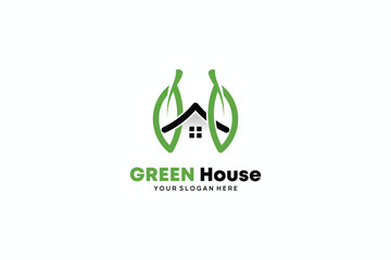 Green leaf house logo design with innovation symbol letter H