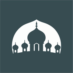 Islamic mosque and crescent moon with lanterns. Eid Mubarak logo. vector illustration