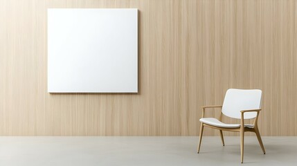 Minimalist interior design with a white chair and blank canvas