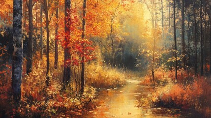 Obraz premium Tranquil Autumn Scene with Warm Sunlight Bathing the Forest Path