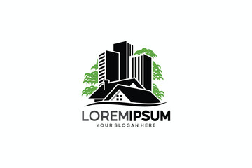 Naklejka premium House and building logo design with trees, real estate logo