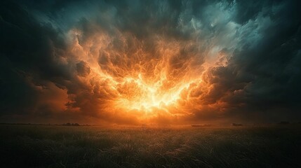 Naklejka premium Fiery Sunset Exploding Over a Vast Field