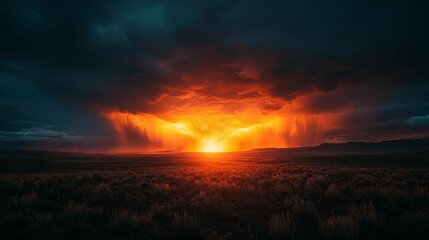 Obraz premium Fiery Sunset Rain Dramatic Landscape Scene
