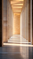 Sunlight streams through colonnade inside building
