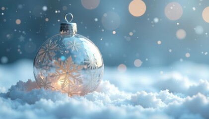 Sparkling silver glass bauble with glittering snowflakes on a snowy white background, snowy scene, frosty charm, silver accents