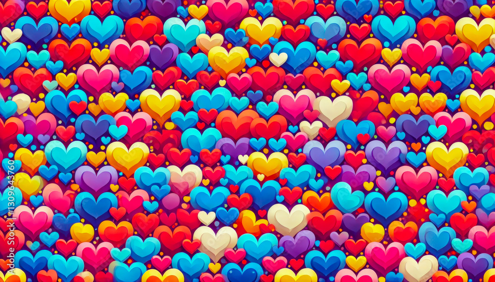 Poster colorful heart patterns create a vibrant backdrop filled with varied shades and sizes of hearts duri
