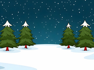 Winter Night Illustration Snowy Landscape with Pine Trees