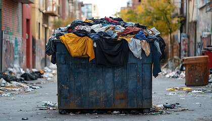 Overflowing dumpster filled with discarded clothing in an alleyway.
