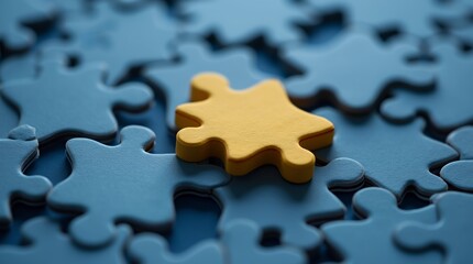 Golden Jigsaw Puzzle Piece: A captivating image showcases a golden jigsaw puzzle piece positioned prominently amidst a sea of blue pieces. The close-up shot highlights the detail of the puzzles.