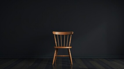 Wooden chair against a plain dark surface, natural material, solo piece