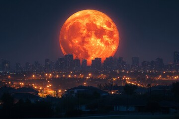 Super moon appearing enormous behind city skyline at dusk