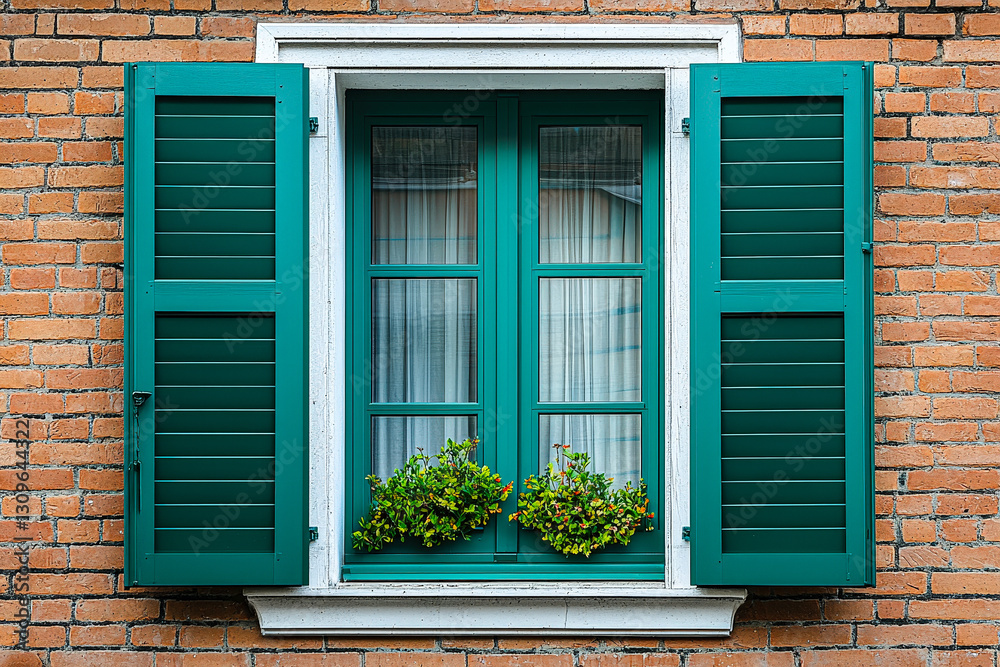 Poster a charming green window with flower boxes opens to a rustic brick wall in a quaint neighborhood duri