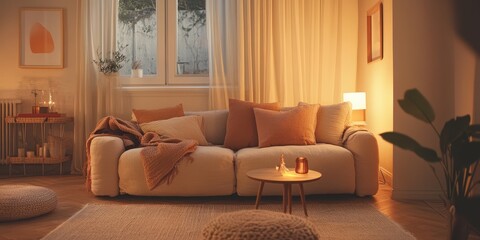 A cozy living room setting with neutral color tones and warm lighting