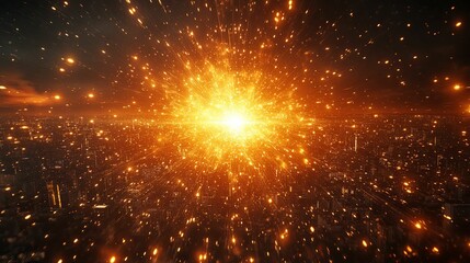 Fototapeta premium Fiery Explosion Over Illuminated Cityscape At Night