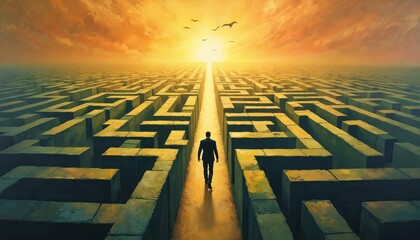 Oil painting of maze with figure finding way through. Perseverance, problem-solving. Birds fly above labyrinth at sunset. Concept of challenges, resilience, journey, overcoming obstacles in business,