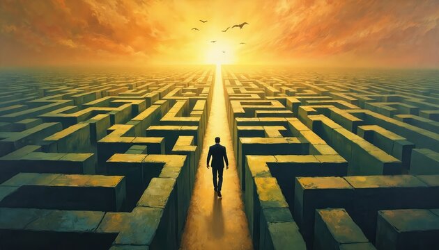 Oil painting of maze with figure finding way through. Perseverance, problem-solving. Birds fly above labyrinth at sunset. Concept of challenges, resilience, journey, overcoming obstacles in business,
