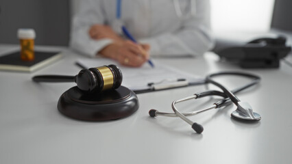 Doctor sitting at desk in hospital with stethoscope and gavel signifying medical law and healthcare...