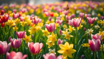 Obraz premium a field full of pink and yellow flowers