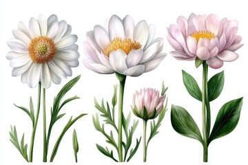 Obraz premium A beautiful botanical illustration of three detailed white and pink flowers with realistic textures and delicate petals. A nature-inspired floral artwork with a soft and elegant aesthetic.