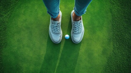 An aerial view of a golfer preparing to putt on a green.