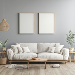 Modern minimalist living room interior with a light beige sofa, wooden coffee table, and two framed posters on a gray wall.