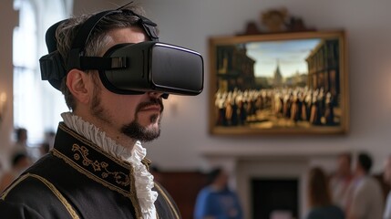 Man in Virtual Reality Headset Experiencing Historical Reenactment in Museum Setting