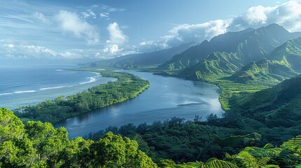 River flowing to ocean, lush valley, coastal mountains, sunny sky