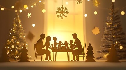 Paper cut silhouette of a family gathering around a table for a festive New Year s dinner in 2026 with twinkling lights pine trees and a cozy celebratory atmosphere