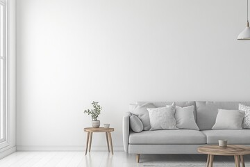 Modern minimalist living room interior with a light gray sofa, wooden side table, and potted plant.  Empty wall space for mockups.  Bright and airy, simple design.