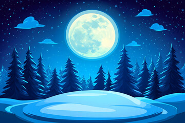 Naklejka premium Winter Night Forest Illustration: Full Moon, Snow, and Pines