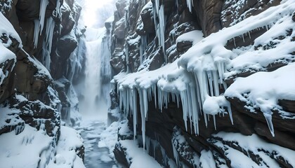 a frozen waterfall in the middle of a canyon