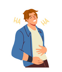 Happy person showing hand gestures. Smiling young man holding his stomach and laughing at joke. Character expresses positive emotions and feelings. Flat vector illustration isolated on background