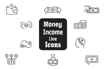 Money income thin line editable icon set. Vector illustration of profit, financial analysis data, finance graph, growth, investment, chart, fund, payment, revenue, statistic, earnings, management etc.