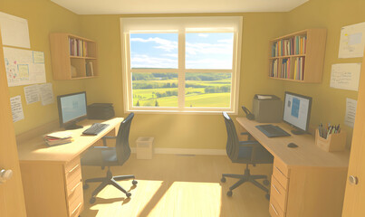 Fototapeta premium Sunny home office with two desks, computers, bookshelves, and a scenic view. Ideal for productivity, work from home, or remote work concepts.
