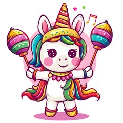 Naklejka premium Cute Colorful Unicorn with Joyful Expression and Party Decorations