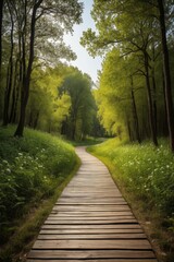 Obraz premium there is a wooden path that is going through the woods